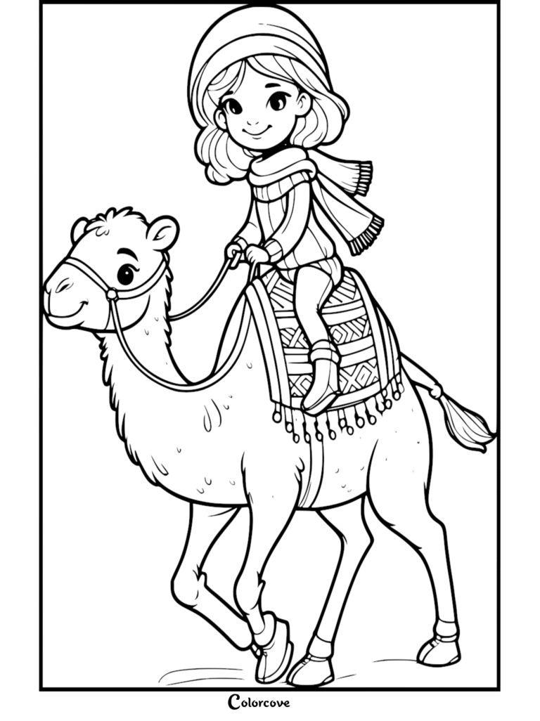A girl in a winter hat and scarf riding a cute camel, printable coloring page.