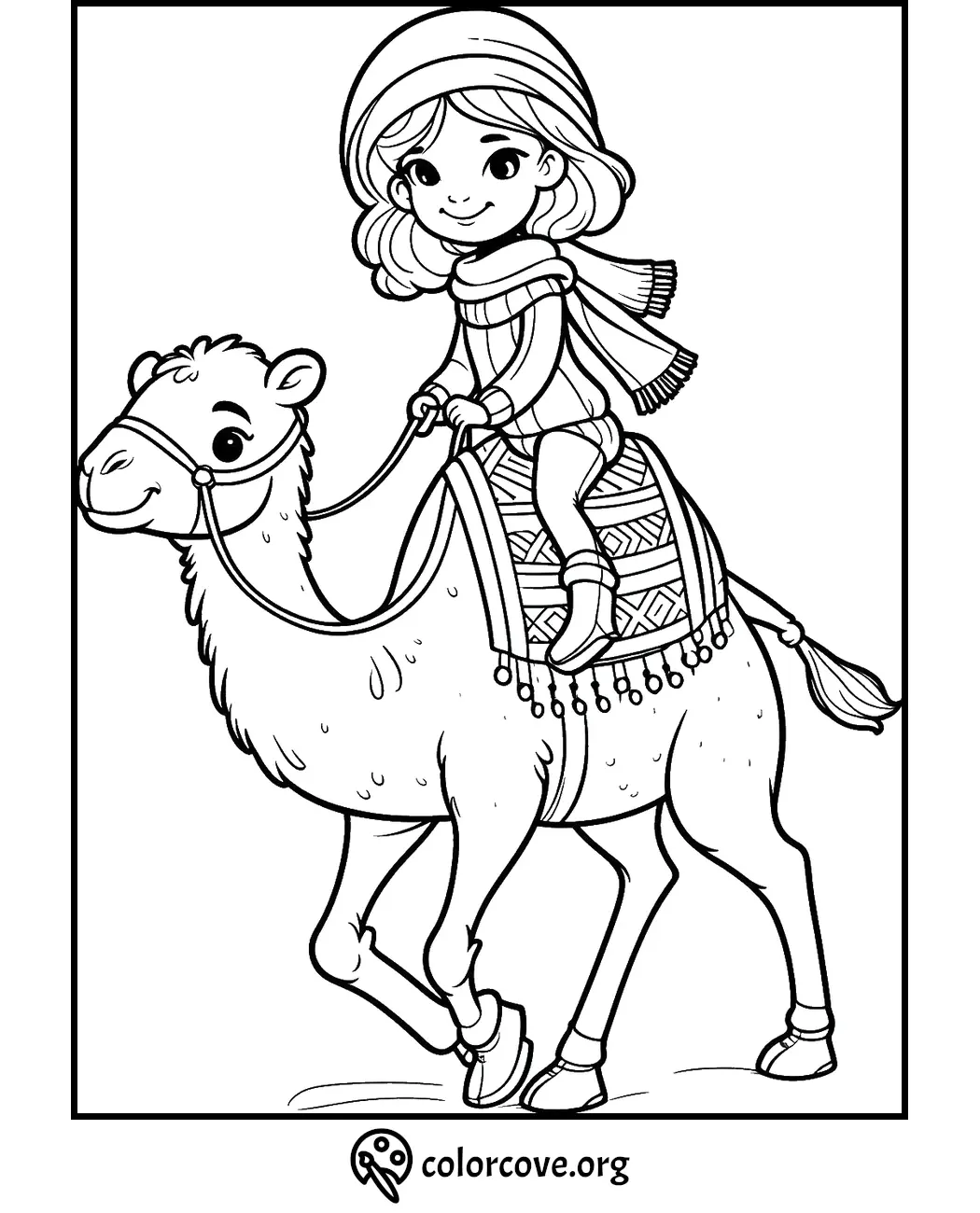 Girl riding a decorated camel coloring page | Free printable coloring sheets for kids | Colorcove.org