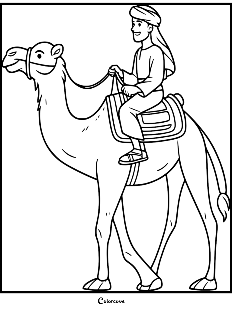 A man in traditional desert attire riding a camel in this printable coloring page.