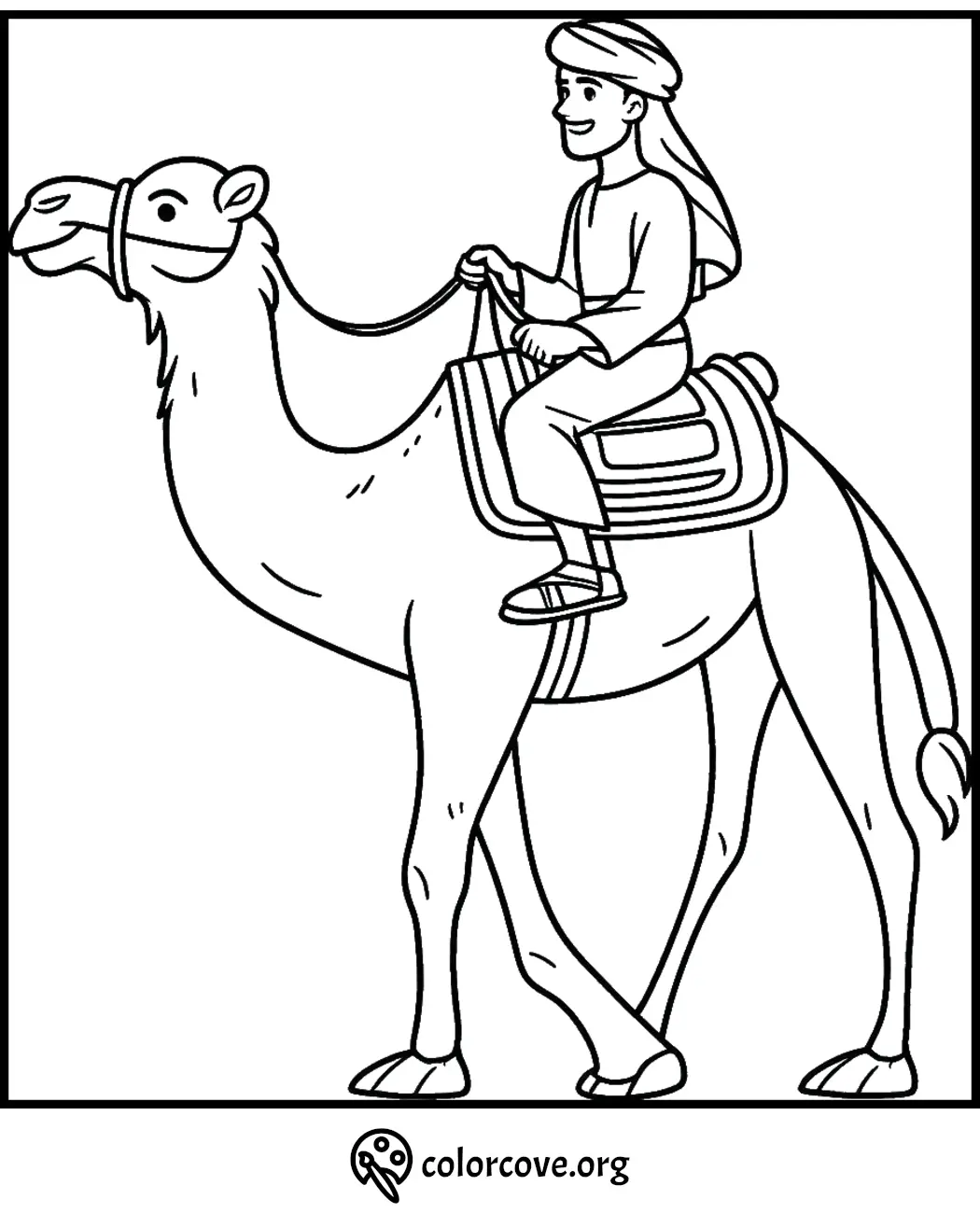 Coloring page of a person riding a camel in traditional attire. Free printable from colorcove.org.