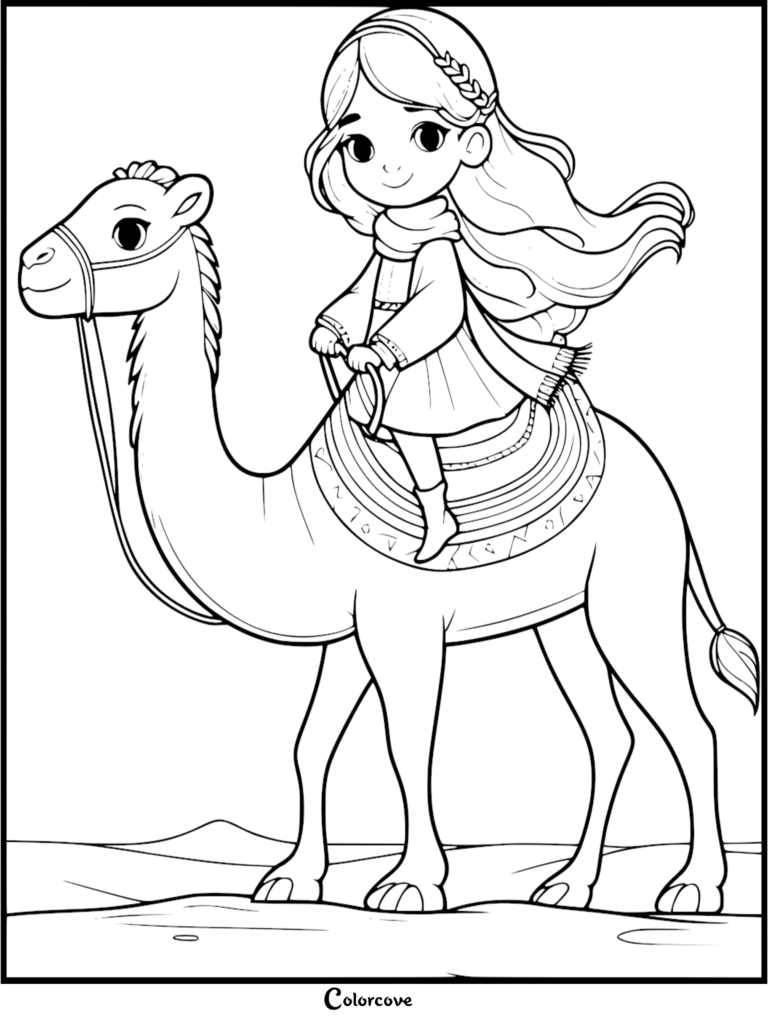 A girl with long hair riding a cute camel in this free printable coloring page.