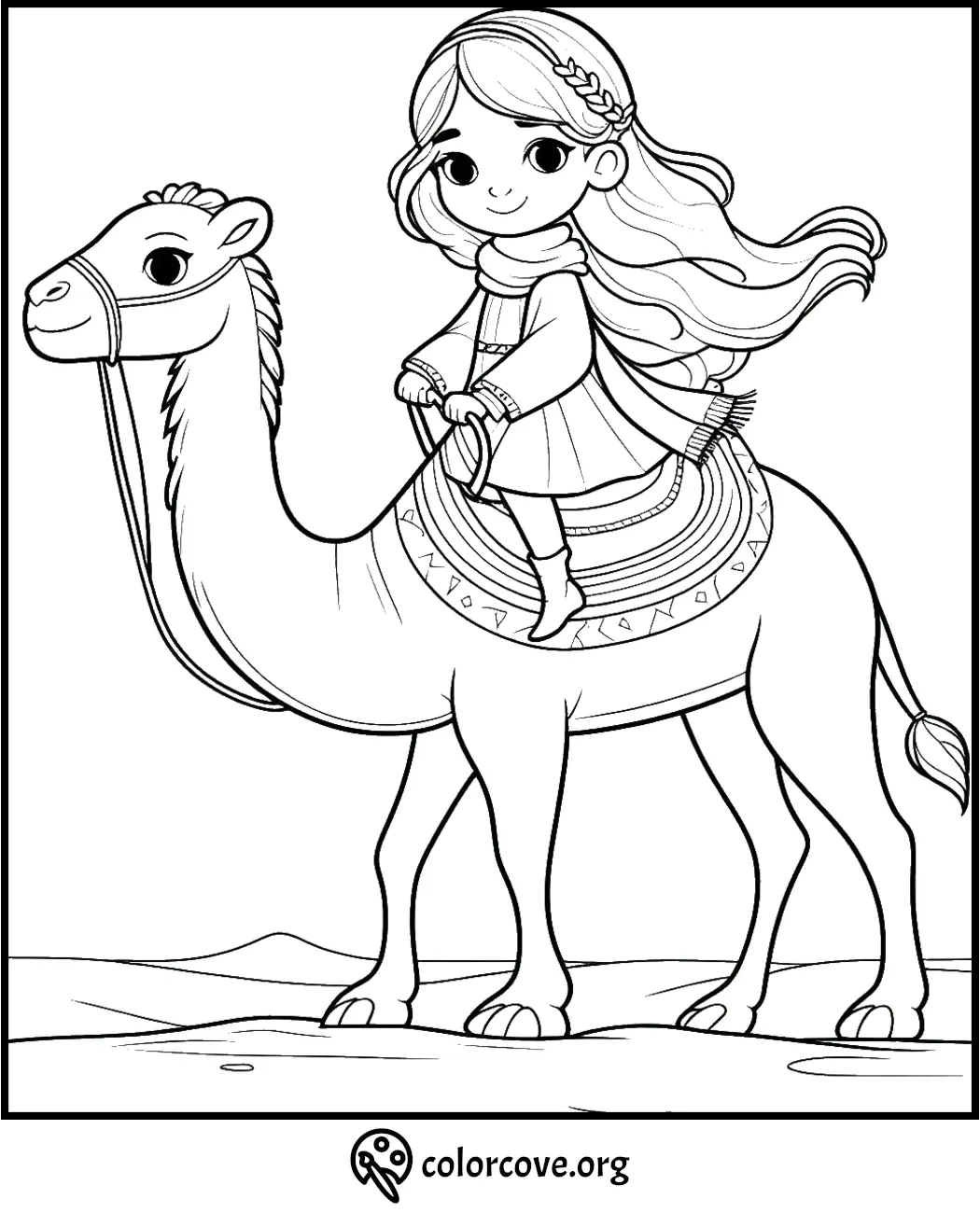 Girl riding a camel coloring page, printable kids' activity, fun desert-themed illustration to color - colorcove.org.