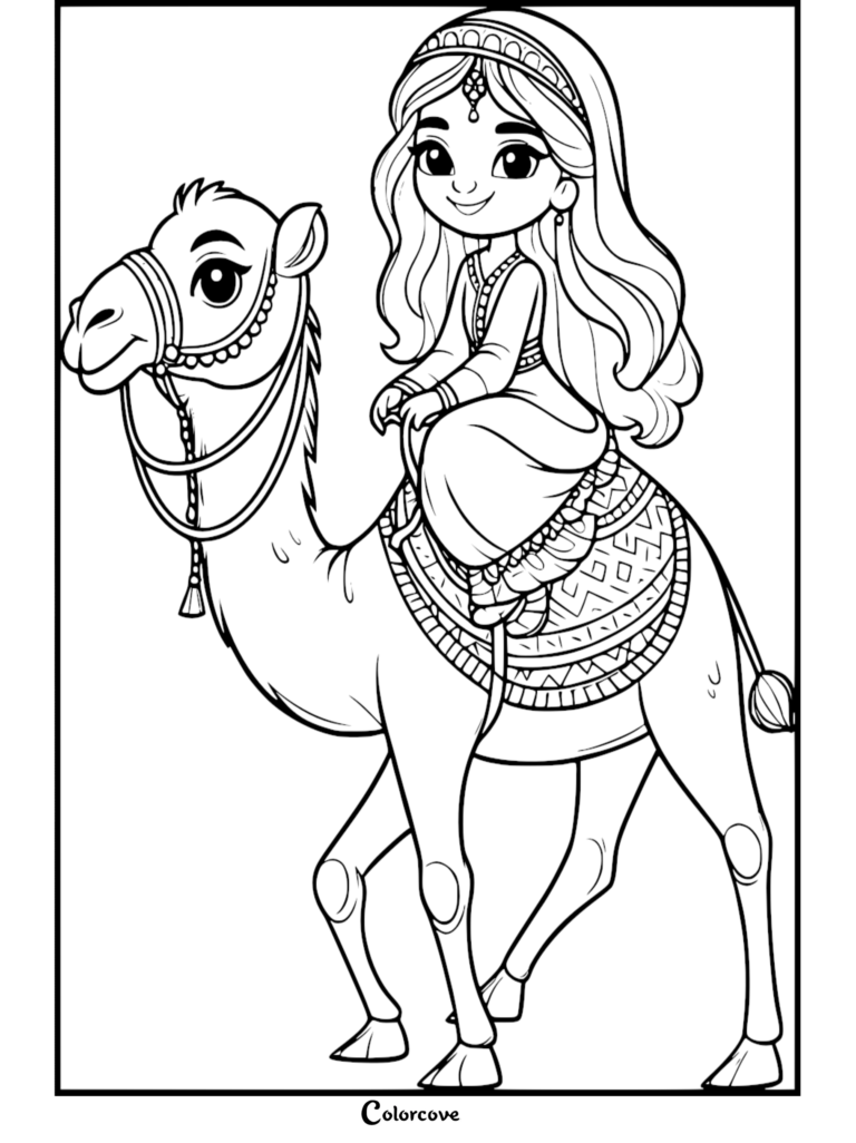 A cute camel with a decorated saddle carrying a young girl in traditional attire in this free printable coloring page.