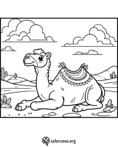 Coloring page of a cheerful camel resting in a desert landscape with cactus and mountains in the background.
