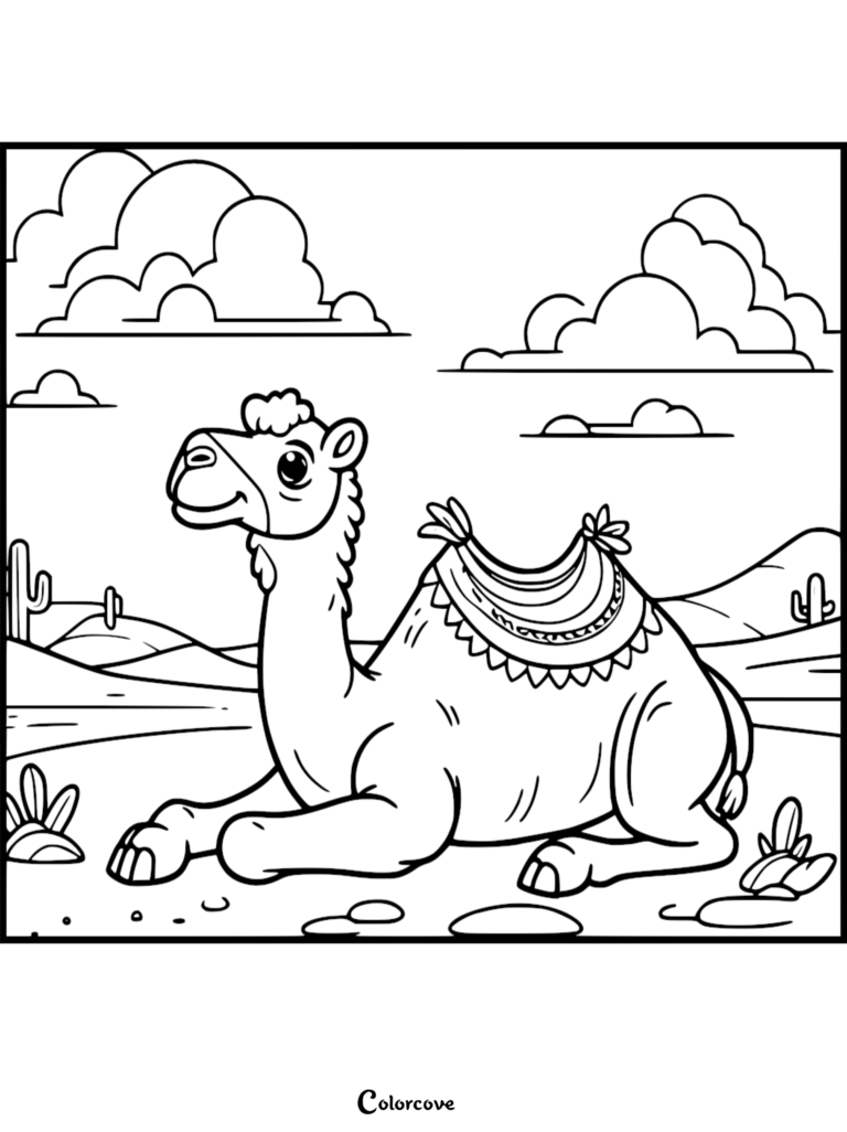 A cute camel resting in a desert landscape with cacti and clouds, featured in a free printable coloring page.