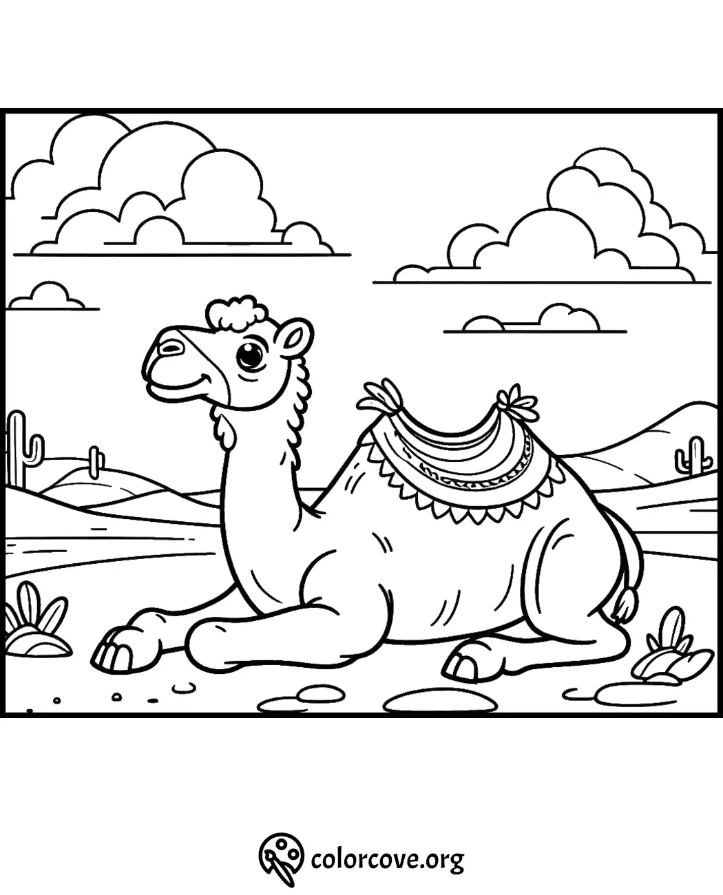 Coloring page of a cheerful camel resting in a desert landscape with cactus and mountains in the background.