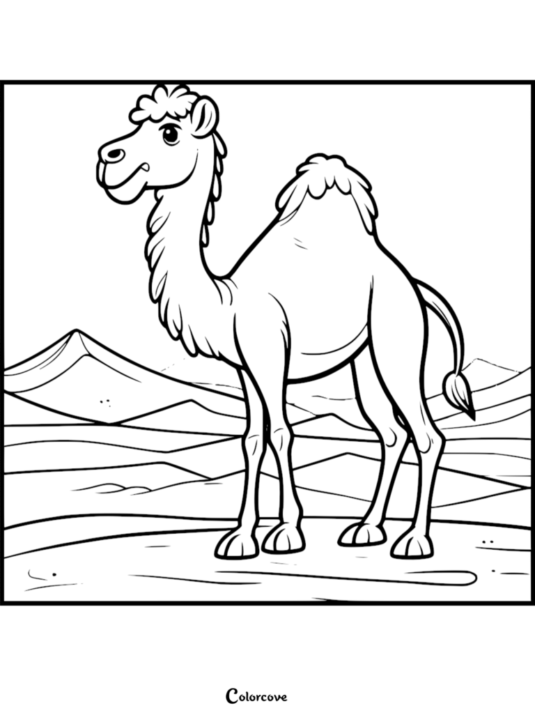 A cute camel standing in a desert landscape in this free printable coloring page.