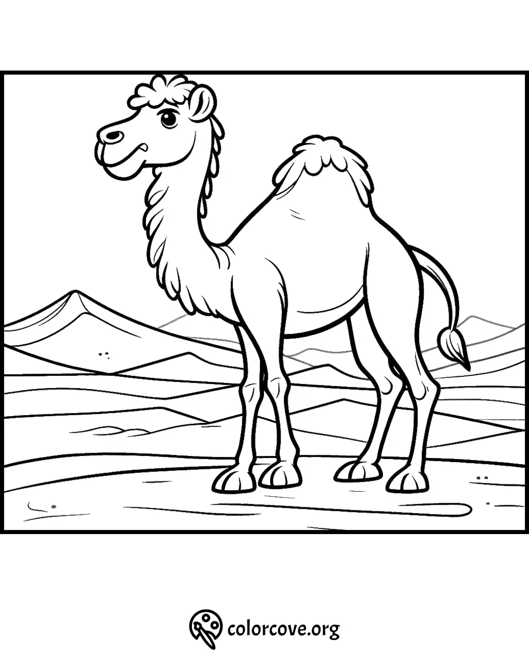 Free camel coloring page for kids with desert background, downloadable and printable at Colorcove.org.