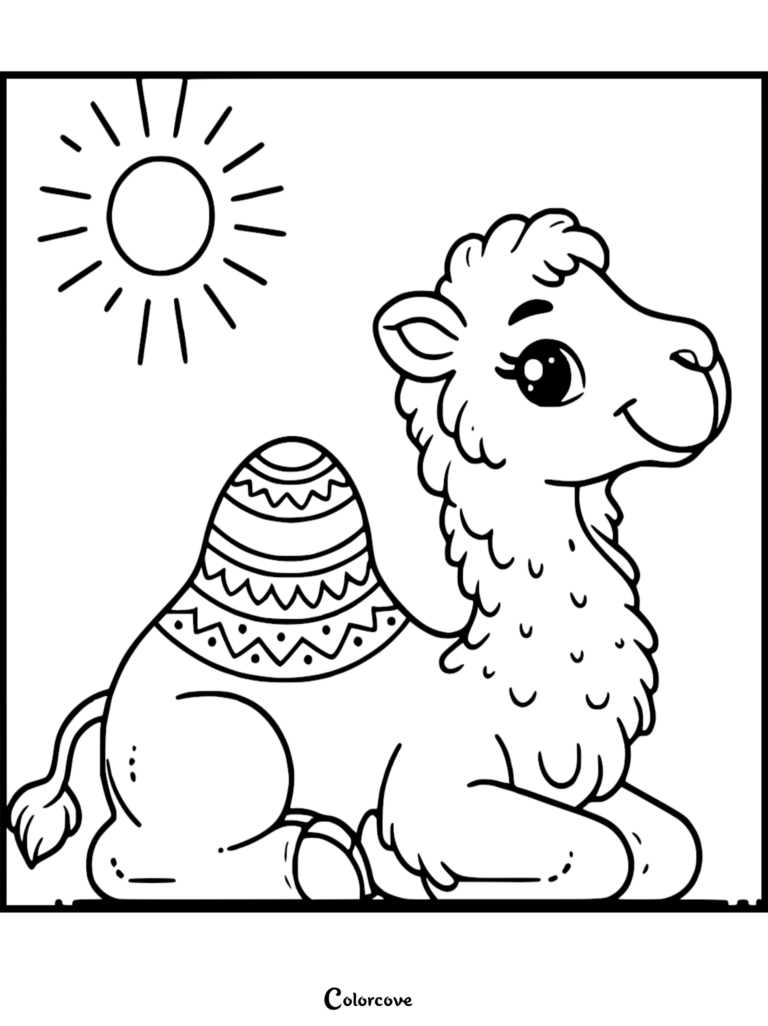 A cute camel with a patterned hump resting under a bright sun in this free printable coloring page.
