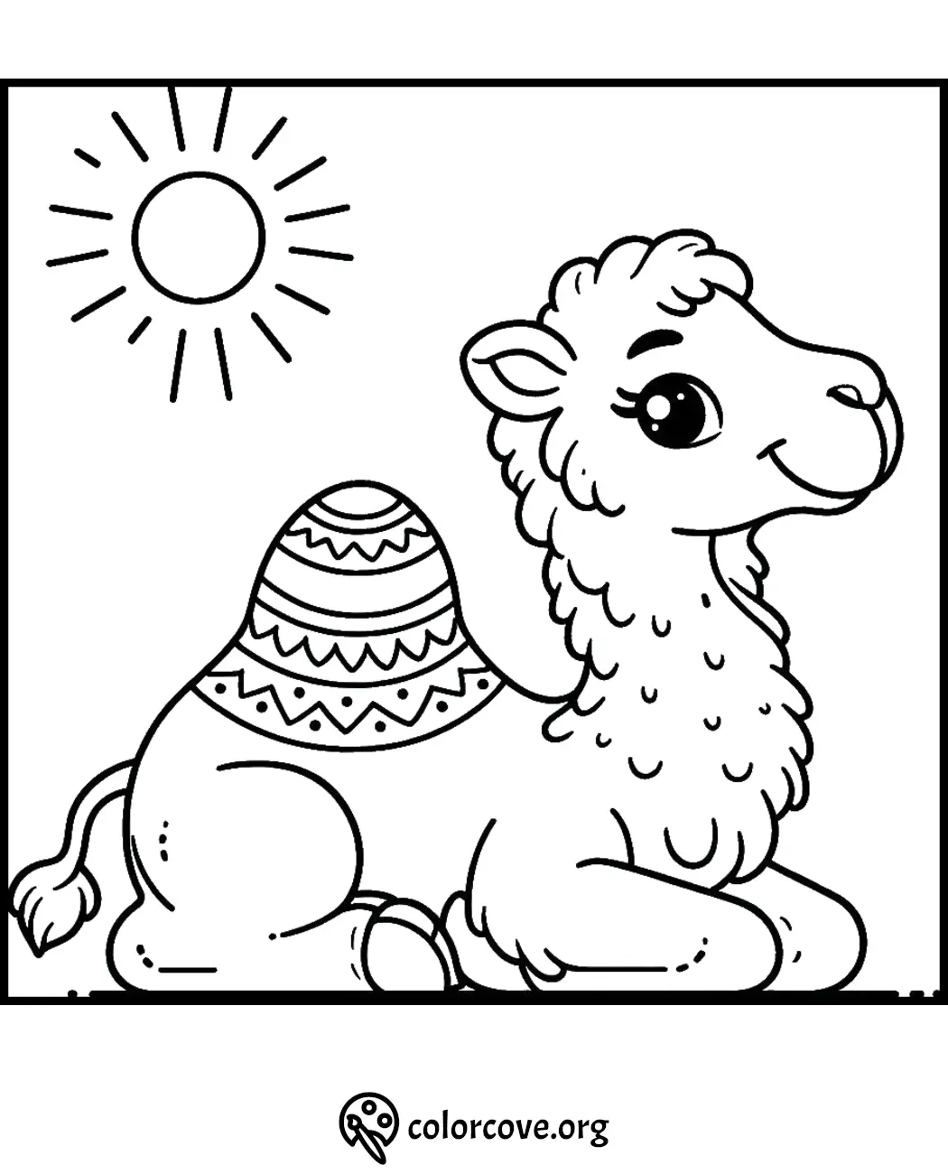 Cute camel coloring page with sun in background. Printable camel coloring sheet for kids. colorcove.org logo at bottom.