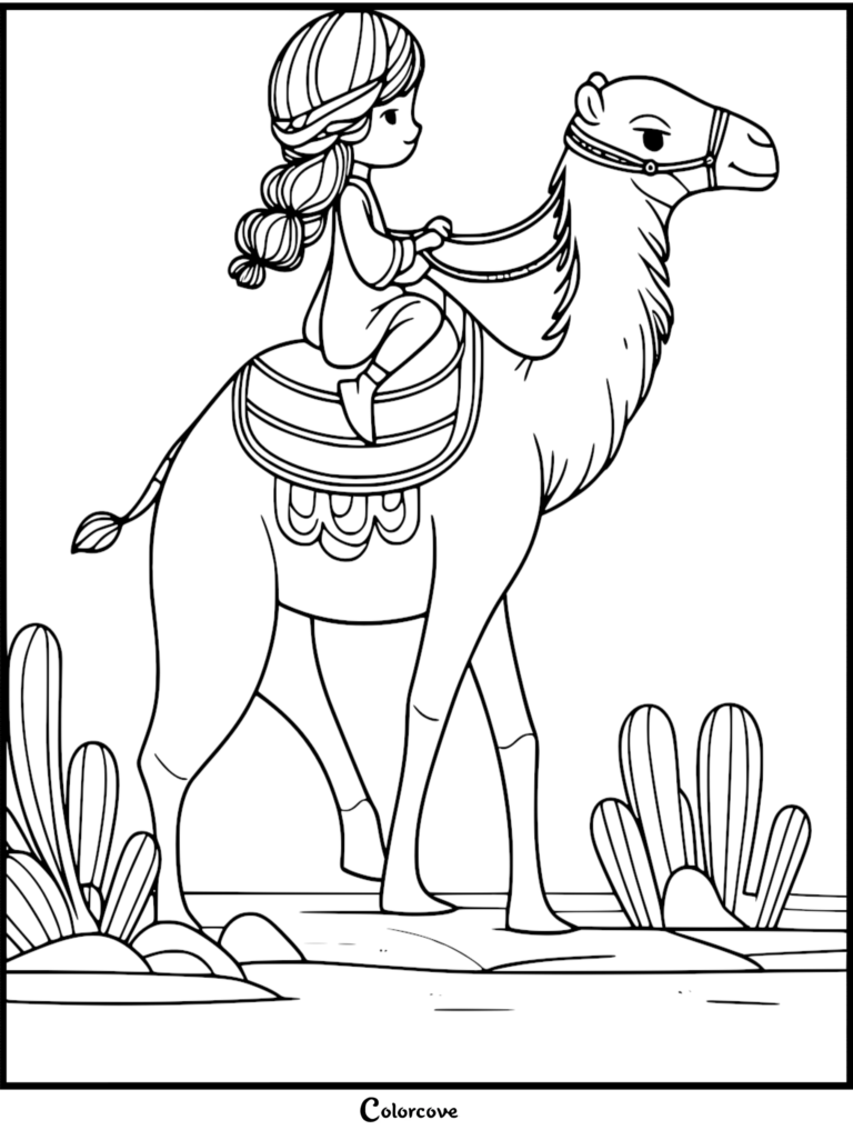A young girl with braided hair riding a cute camel in the desert, featured in a free printable coloring page.