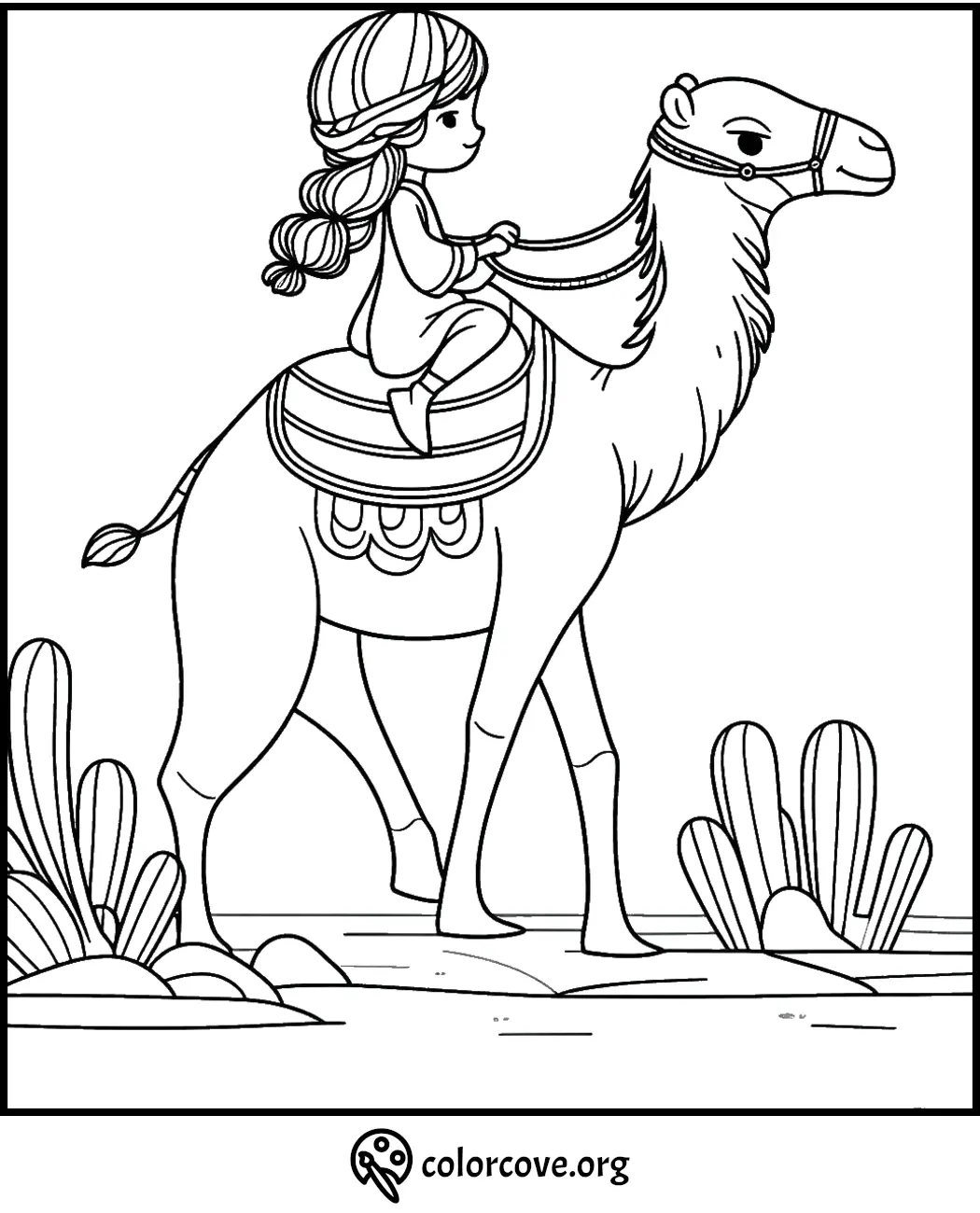 Child riding a camel coloring page with desert plants, free printable from colorcove.org. Perfect for kids' activities.