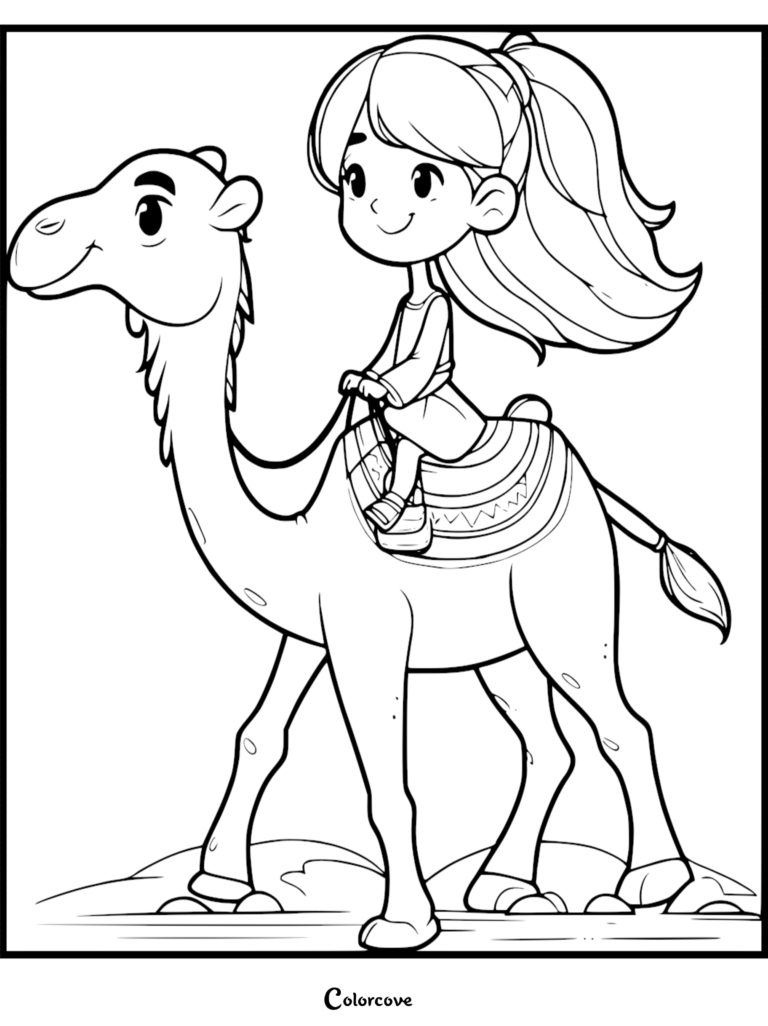 A young girl with a ponytail riding a cute camel in this free printable coloring page.
