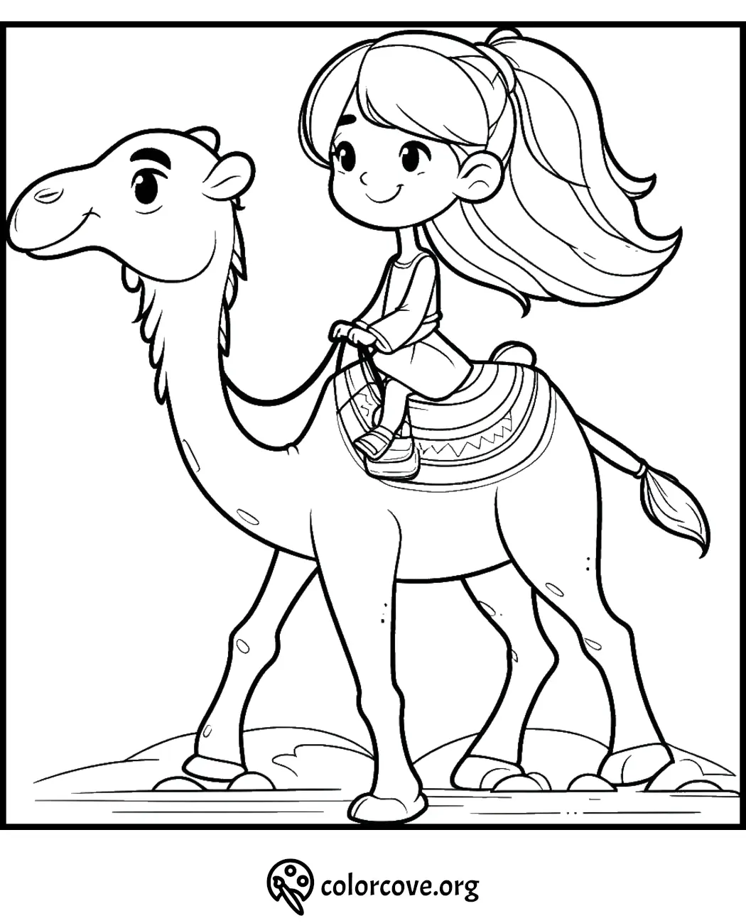 A girl riding a camel coloring page, perfect for kids' activities and educational fun. Download and print for free.