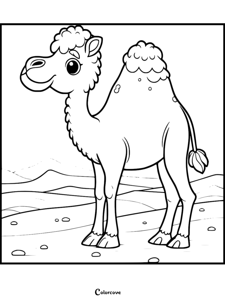 A cute camel standing in the desert, featured in a printable coloring page.
