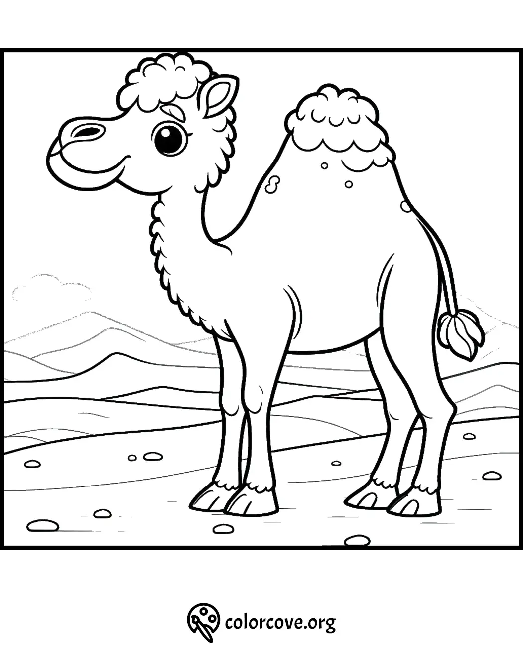 Printable camel coloring page for kids with adorable cartoon camel in desert scene. Fun and educational activity for children.