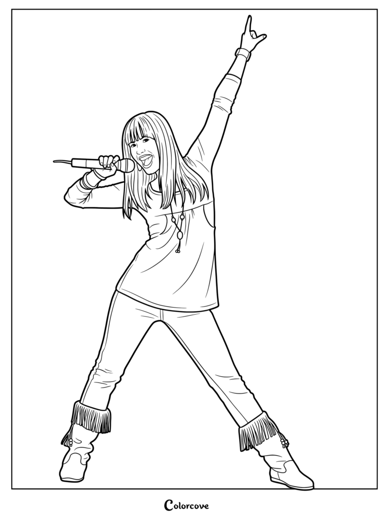 Mitchie Torres de Camp Rock cantando con un micrófono y un brazo en alto en pose roquera, en un dibujo para colorear e imprimir.
