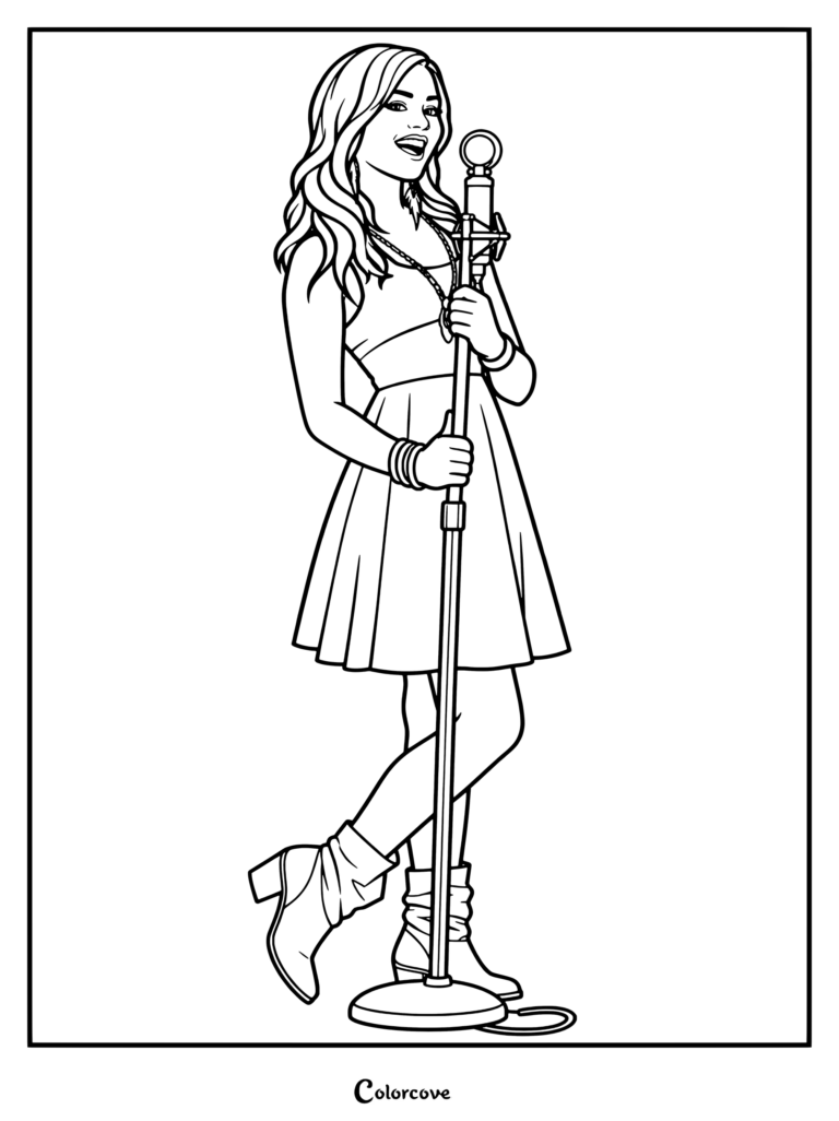 Dibujo para colorear e imprimir de Mitchie Torres cantando con un micrófono estilo retro durante Camp Rock 2: The Final Jam.