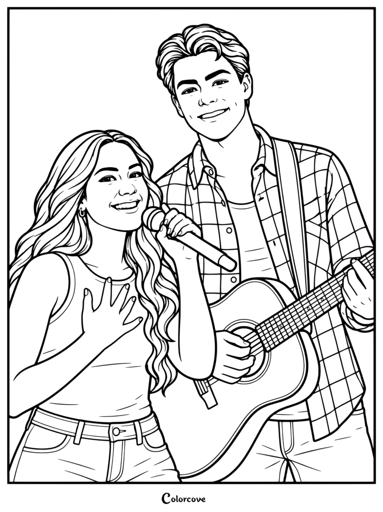 Dibujo para colorear e imprimir de Sage Scott sosteniendo un micrófono y Fletch Robinson tocando la guitarra acústica en Camp Rock 3.
