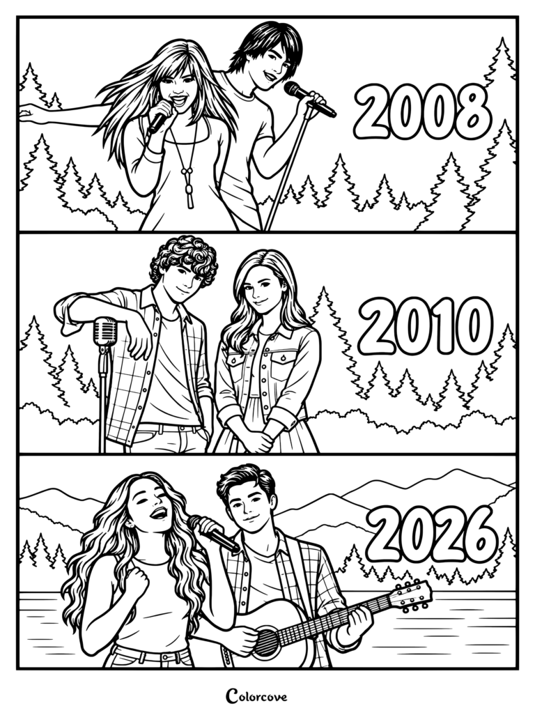 Página para colorear de Camp Rock que muestra la evolución de la franquicia a lo largo de tres generaciones con Mitchie Torres y Shane Gray en 2008, Camp Rock 2: The Final Jam en 2010 y Camp Rock 3.