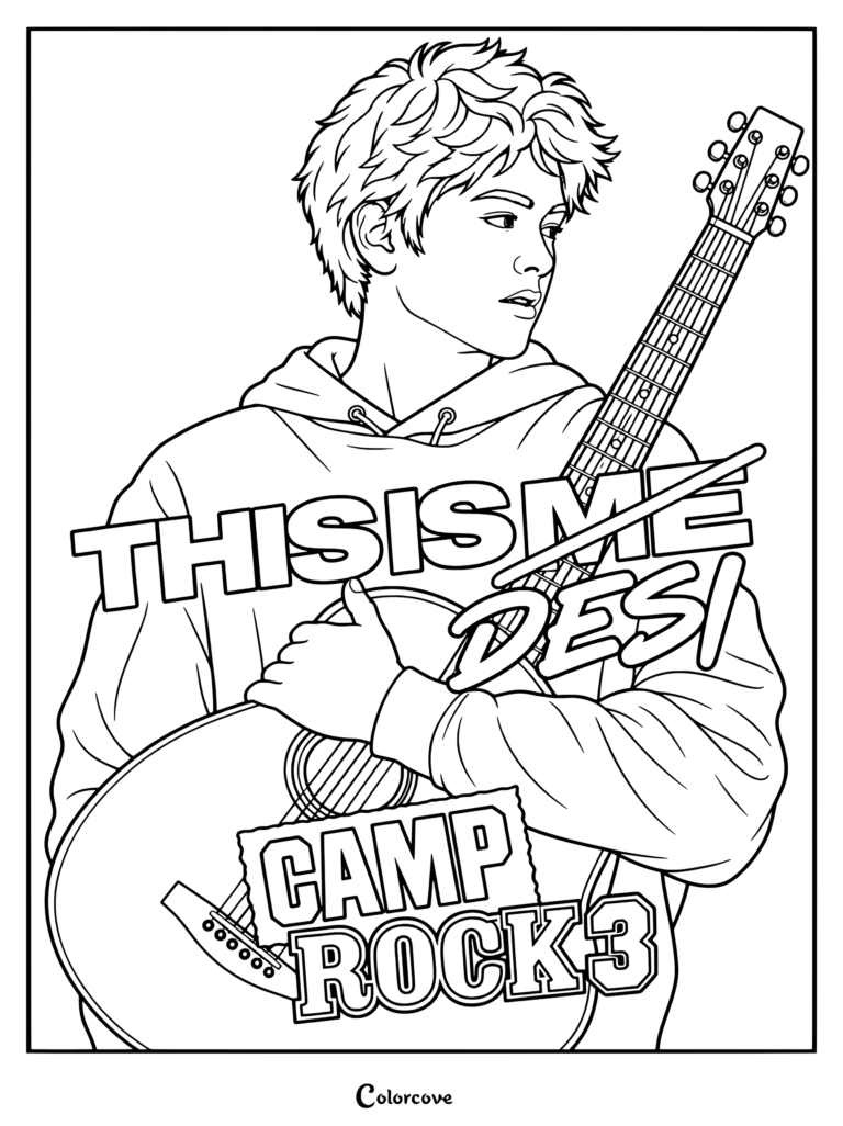 Dibujo para colorear e imprimir de Desi sosteniendo una guitarra de Camp Rock 3, con el texto «This is me Desi» y «Camp Rock 3».