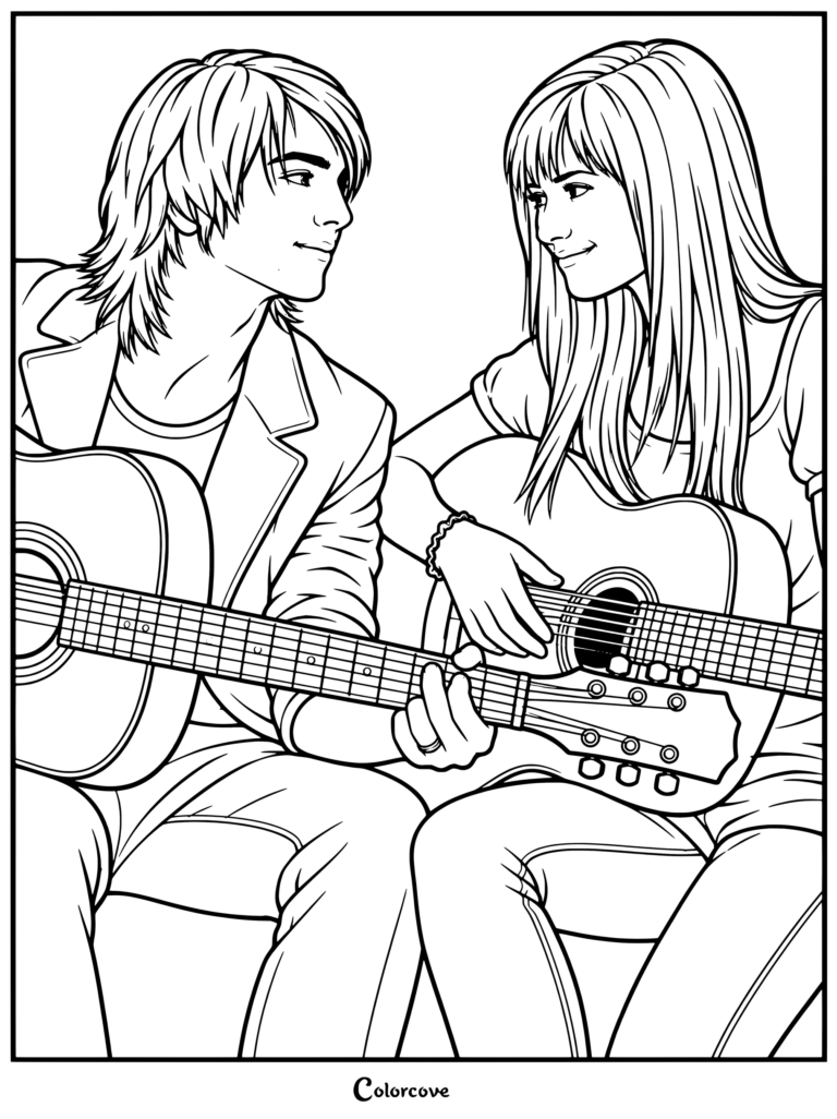 Página para colorear que muestra a Shane Gray y Mitchie Torres durante la actuación final de la película Camp Rock.