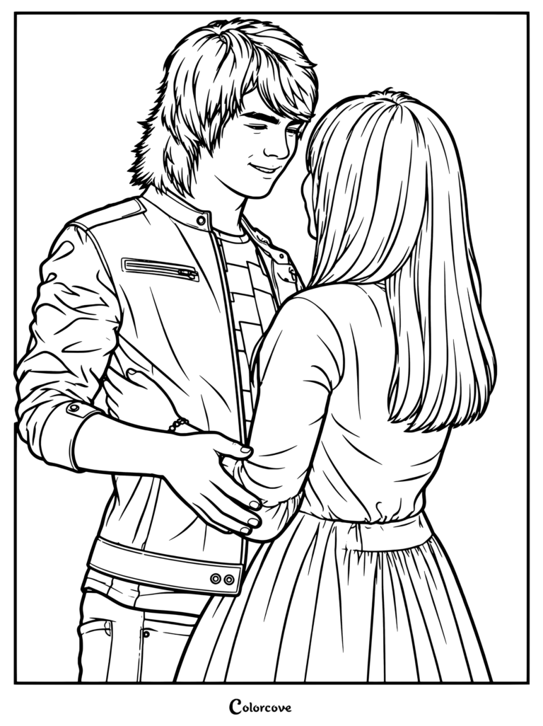 Página para colorear gratuita e imprimible de Shane Gray y Mitchie Torres durante la actuación final de la película de Disney Channel de 2008 Camp Rock.