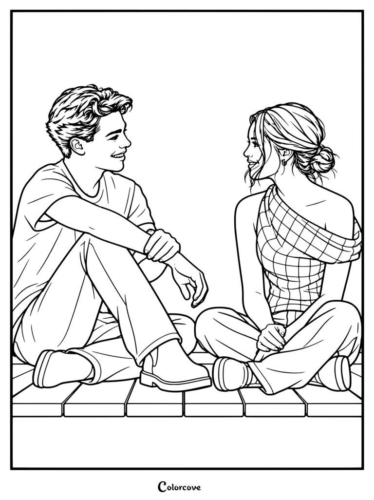 Fletch y Sage sentados juntos en un embarcadero en una escena de la película de Disney Camp Rock 3, en un dibujo para colorear.