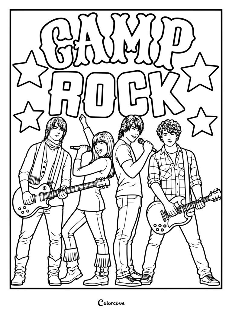 Página para colorear de Camp Rock que muestra un póster promocional en dibujo lineal en blanco y negro de Demi Lovato y los Jonas Brothers, incluidos Kevin, Joe y Nick Jonas, con sus guitarras y micrófonos.