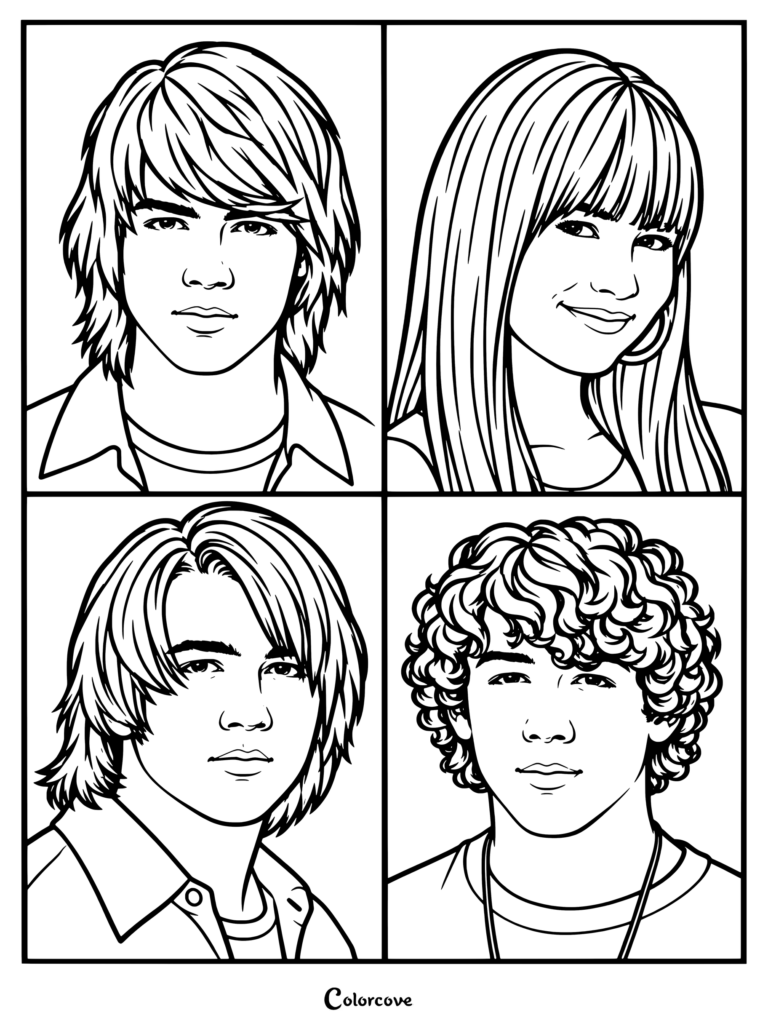 Página para colorear de Camp Rock con Demi Lovato y los Jonas Brothers de la película original de Disney Channel.