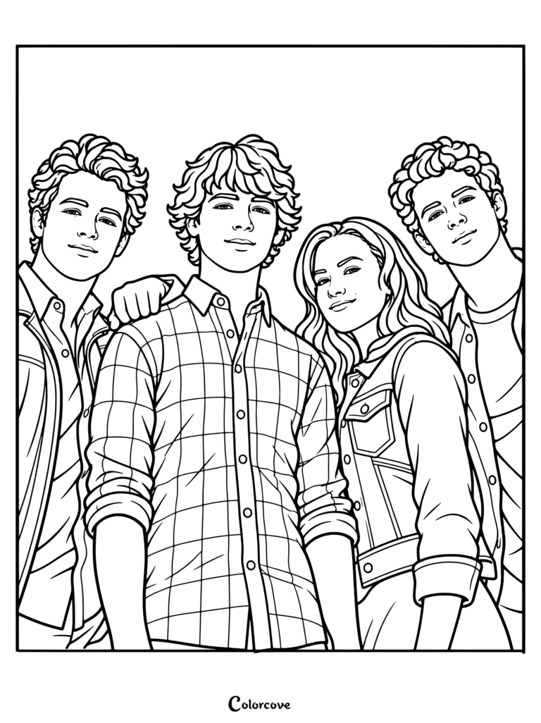 Página para colorear con el póster oficial y el reparto de la película musical de 2010 Camp Rock 2: The Final Jam, protagonizada por Demi Lovato y los Jonas Brothers Joe, Kevin y Nick Jonas.
