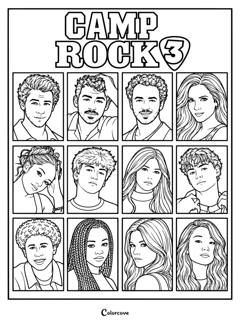 Dibujo para colorear e imprimir con el reparto nuevo y habitual de Camp Rock 3, que muestra a todos los campistas en un diseño en cuadrícula.