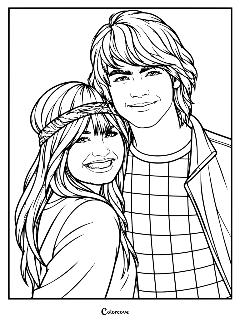 Página para colorear gratuita e imprimible con Mitchie Torres y Shane Gray de Camp Rock de Disney Channel.