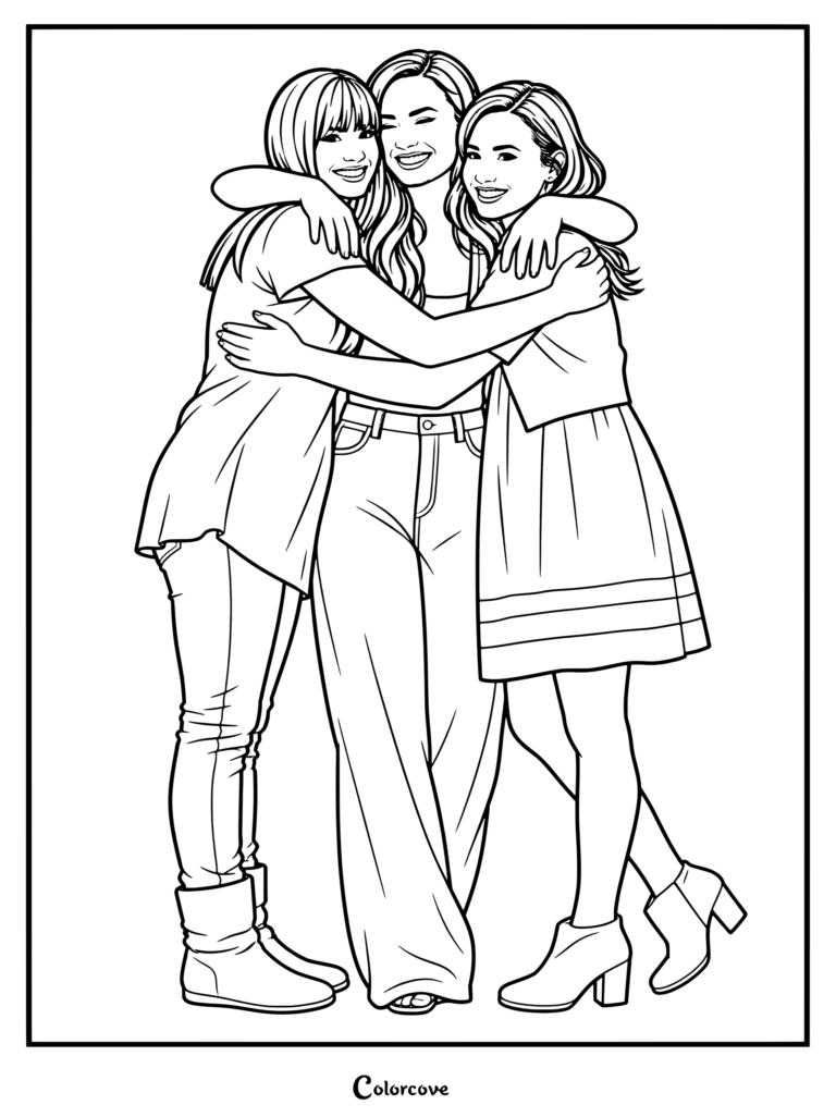 Dibujo para colorear e imprimir de Camp Rock con Mitchie Torres, Caitlyn Gellar y Ella Pador dándose un cálido abrazo.