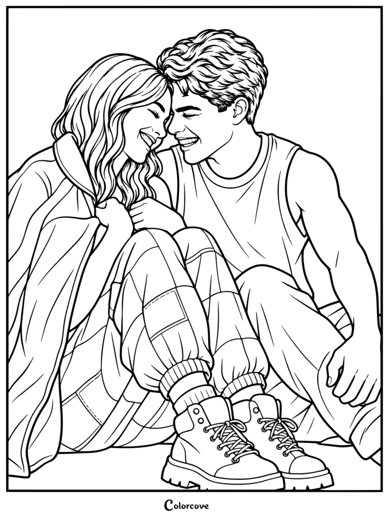 Dibujo para colorear e imprimir de Sage y Fletch sonriendo juntos en una acogedora escena promocional de Camp Rock 3.