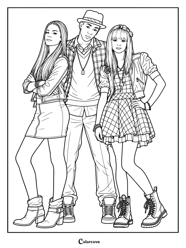 Dibujo para colorear de Camp Rock 2: The Final Jam con Dana Turner, Luke Williams y Tess Tyler posando juntos con atuendos con estilo.