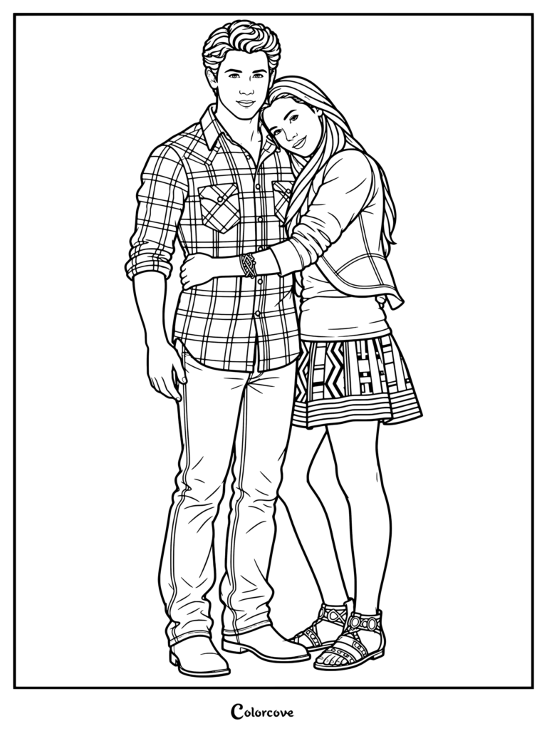 Dibujo para colorear de Nate Gray y Dana Turner de Camp Rock 2: The Final Jam que muestra a los personajes en una foto promocional