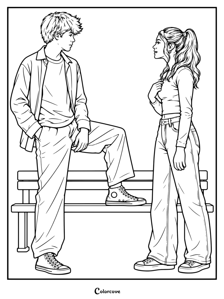 Dibujo para colorear de Camp Rock con el actor Malachi Barton luciendo pelo rubio platino, sobrecamisa de cuadros y zapatillas Converse altas rojas, posando junto a la cantante y actriz Liamani Segura.