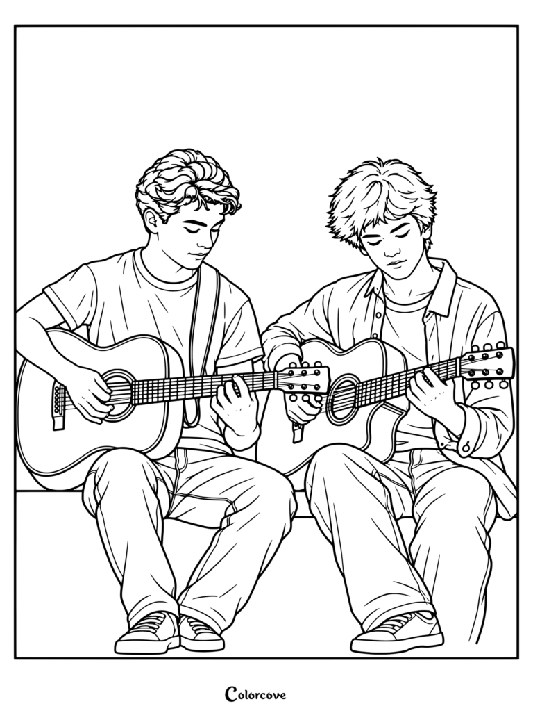Dibujo para colorear e imprimir de Fletch y Desi tocando guitarras acústicas juntos en una escena de la película Camp Rock 3.