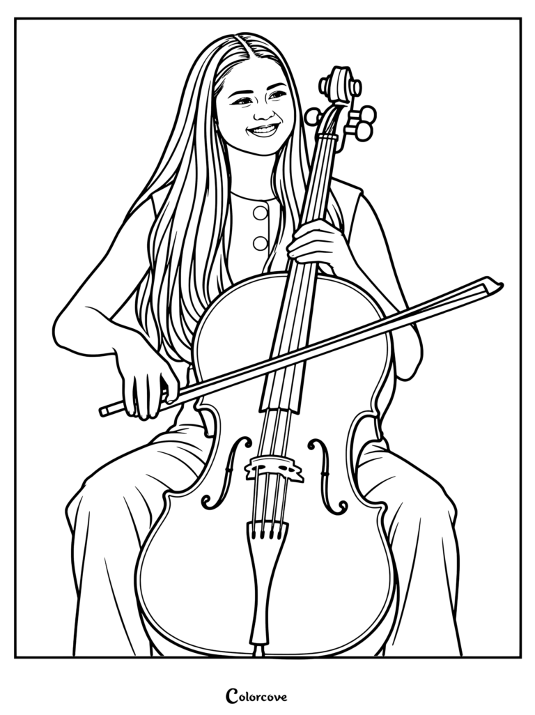 Un dibujo para colorear e imprimir de Sage tocando el chelo en la película de Disney Camp Rock 3.