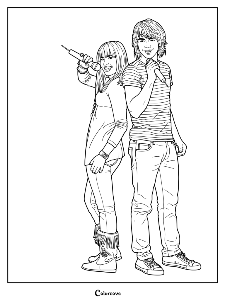 Dibujo para colorear e imprimir de Mitchie Torres y Shane Gray cantando con micrófonos en Camp Rock.