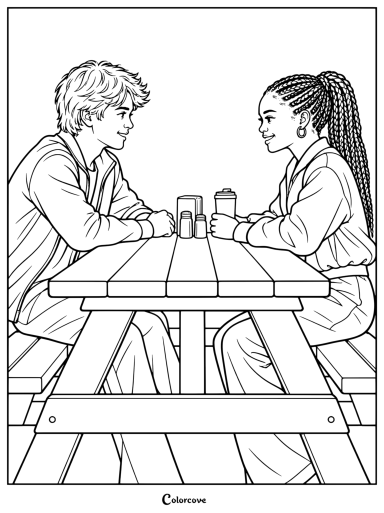 Dibujo para colorear de Desi y Callie sentadas juntas en una mesa del comedor en Camp Rock 3