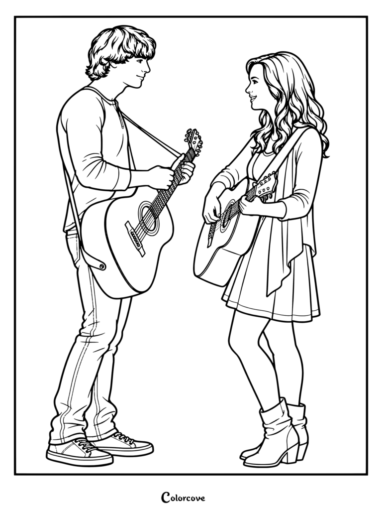 Dibujo para colorear de Camp Rock con Shane Gray y Mitchie Torres sosteniendo guitarras y mirándose de frente en Camp Rock 2: The Final Jam.