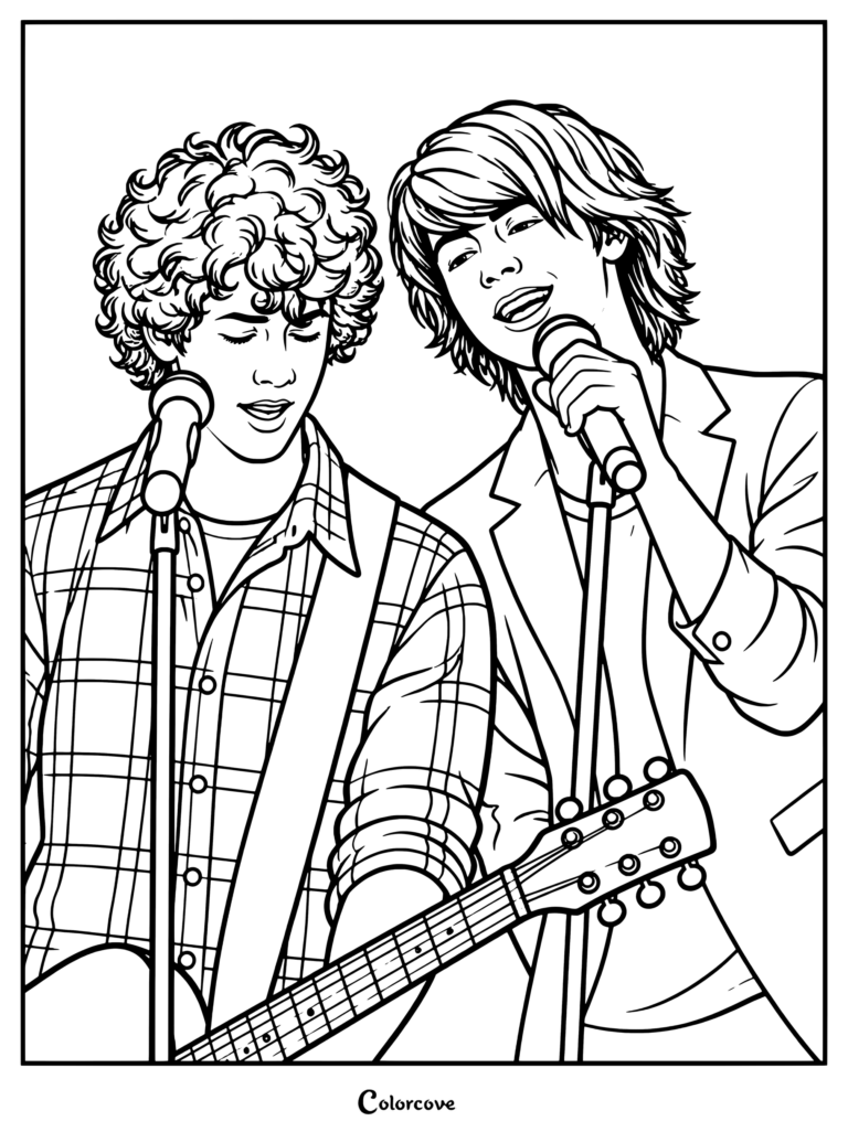 Dibujo para colorear de los Jonas Brothers como Connect 3, Nick Jonas y Joe Jonas, interpretando Play My Music en la película original de Disney Channel de 2008 Camp Rock.