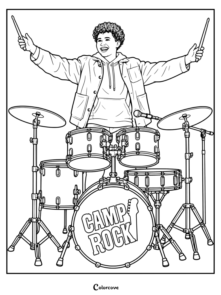 Dibujo para colorear de Cliff tocando la batería con las baquetas en alto en la película de Disney Camp Rock 3.