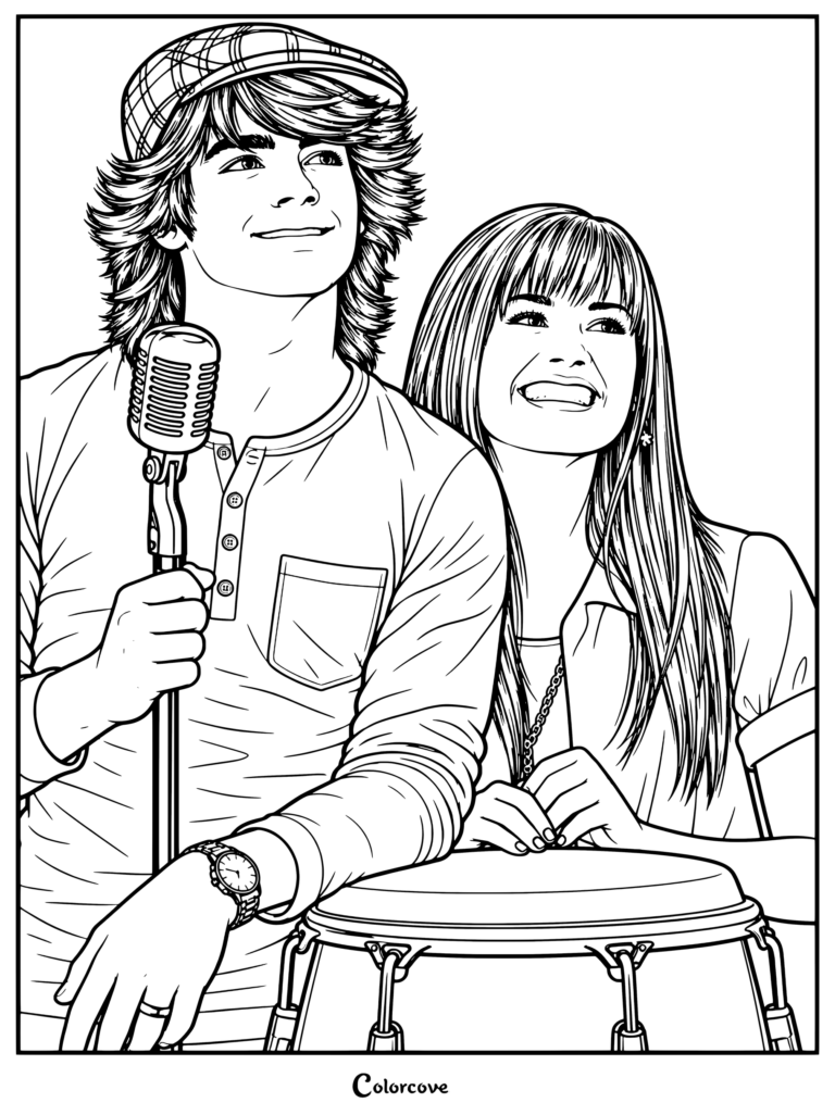 Shane Gray sosteniendo un micrófono estilo vintage y Mitchie Torres sonriendo feliz a su lado en un dibujo para colorear de Camp Rock.