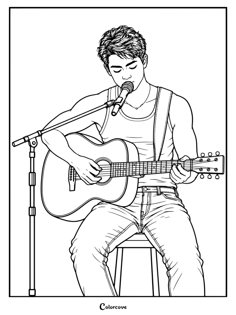 Fletch tocando la guitarra acústica e interpretando la canción Tomorrow en la película de Disney Camp Rock 3, presentado en este dibujo para colorear e imprimir.