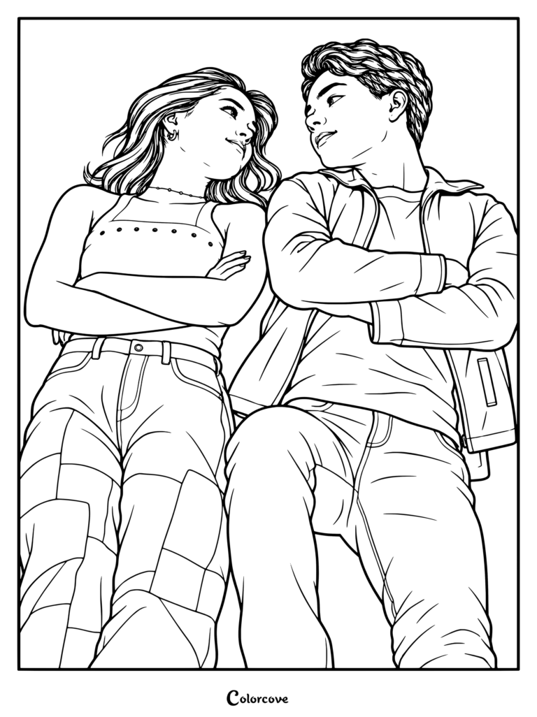 Dibujo para colorear e imprimir de los personajes Sage Scott y Fletch Robinson posando para un reportaje de Entertainment Weekly para promocionar Camp Rock 3.