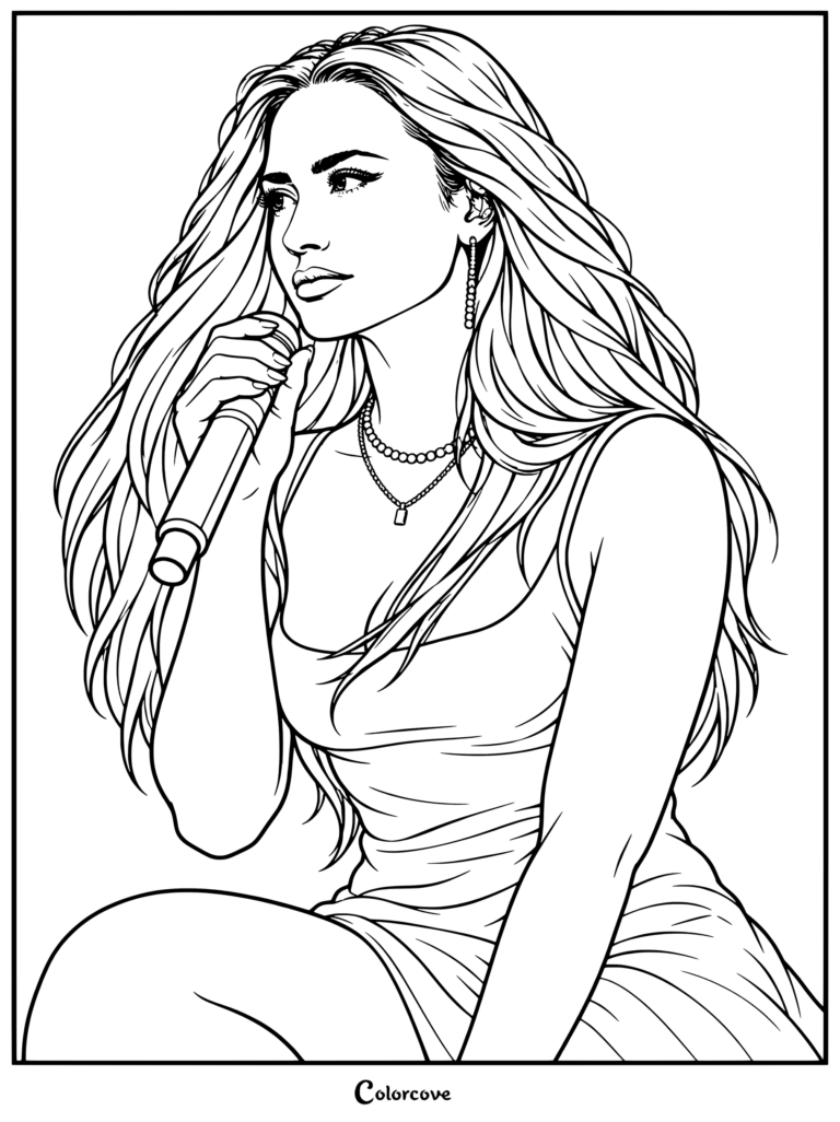 Dibujo para colorear e imprimir de Mitchie Torres cantando con un micrófono en Camp Rock 3.