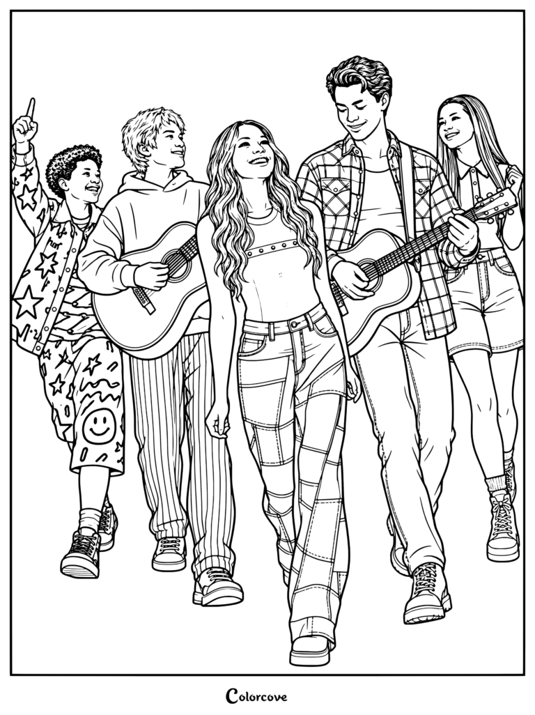 The Camp Rock 3 cast members walk together while holding guitars.